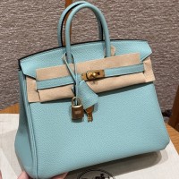 Best replica Hermes Blue Atoll Birkin 25 with pristine gold hardware on the front clasp