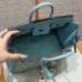 Interior view and craftsmanship stamp inside the best replica Hermes Blue Atoll Birkin 25.