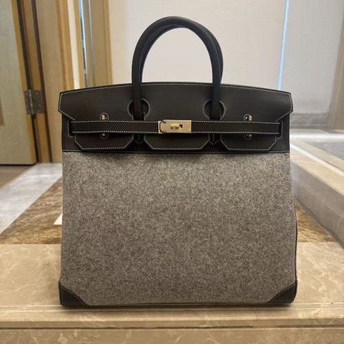 Black HAC Birkin 40cm Replica Swift Leather Wool PHW Replica Hermes Black HAC Birkin 40 Swift Leather Wool PHW handbag