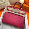 Hermes Birkin 25 Retourne Handmade Bag In Rose Red Ostrich Leather
