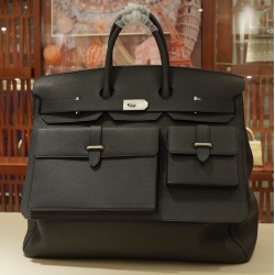 Replica Hermès Birkin HAC 50 cargo Travel Bag Matte Black Natural Thick Togo Calfskin Palladium Hardware Large Capacity Collector Tote Handbag
