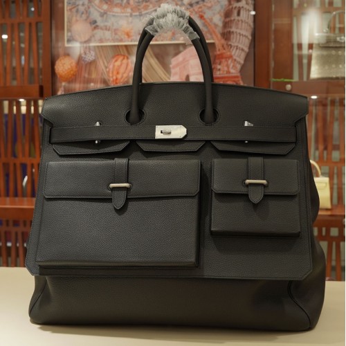 Replica Hermès Birkin HAC 50 cargo Travel Bag Matte Black Natural Thick Togo Calfskin Palladium Hardware Large Capacity Collector Tote Handbag