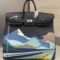 Replica Hermes Black Birkin HAC 50 Endless Road with Leather Marquetry Mountain Artwork