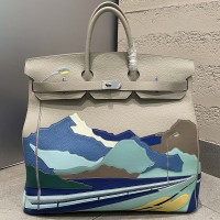 Replica Hermes Etoupe Birkin HAC 50 Endless Road with Leather Marquetry Mountain Artwork