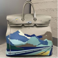 Replica Hermes Etoupe Birkin HAC 50 Endless Road with Leather Marquetry Mountain Artwork