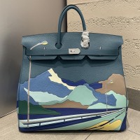 Replica Hermes Vert Cypress Birkin HAC 50 Endless Road with Leather Marquetry Mountain Artwork