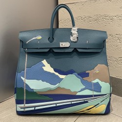Replica Hermes Birkin HAC 50 Endless Road Limited Edition PHW Replica Hermes Vert Cypress Birkin HAC 50 Endless Road with Leather Marquetry Mountain Artwork