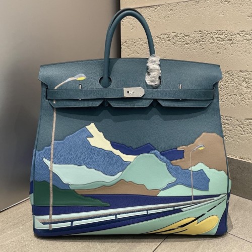 Replica Hermes Vert Cypress Birkin HAC 50 Endless Road with Leather Marquetry Mountain Artwork