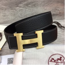 Replica Hermes H Belt 38mm Black Reversible Leather Strap Gold H Buckle Replica Hermes H belt 38mm black reversible Clemence leather strap with gold H buckle