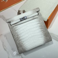 Replica Hermès Kelly Ado Mini Backpack Matte Natural Gradient Himalayan Crocodile Leather Kelly Turn Lock Vintage Luxury Exotic Leather Women Crossbody Backpack Handbag