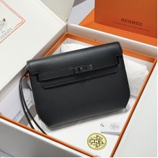 Hermes Kelly Depeches 25 Black Epsom wrist pouch unisex clutch Replica Hermes Kelly Depeches 25 Pouch Black Epsom Palladium Hardware gift box set