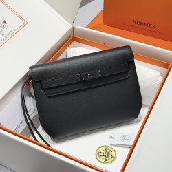 Replica Hermes Kelly Depeches 25 Pouch Black Epsom Palladium Hardware gift box set