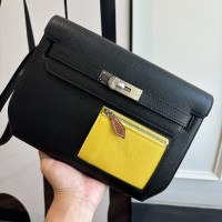 Hermes Kelly Depeches 25 Black Naples Yellow Evercolor unisex wrist clutch Replica Hermes Kelly Depeches 25 Pouch Black Naples Yellow Evercolor Leather two tone