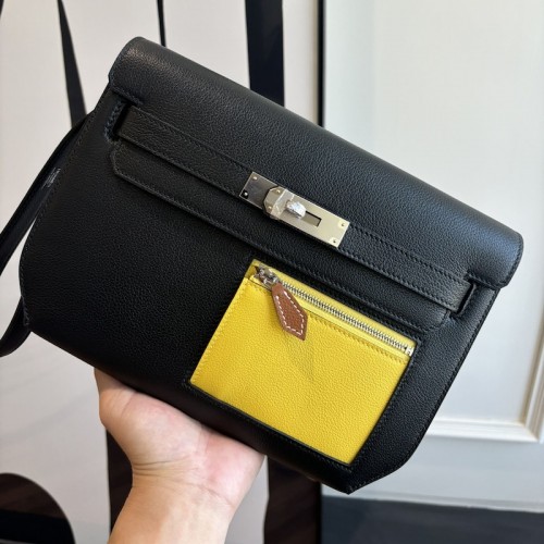 Hermes Kelly Depeches 25 Black Naples Yellow Evercolor unisex wrist clutch Replica Hermes Kelly Depeches 25 Pouch Black Naples Yellow Evercolor Leather two tone