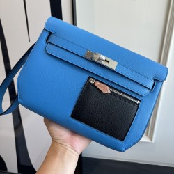 Replica Hermes Kelly Depeches 25 Pouch Blue Hydra Evercolor Leather two tone