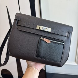 Hermes Kelly Depeches 25 Ebene Evercolor unisex wrist clutch Replica Hermes Kelly Depeches 25 Pouch Ebene Evercolor Leather two tone