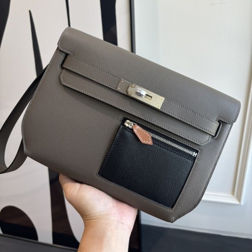 Hermes Kelly Depeches 25 Etoupe Evercolor unisex wrist clutch Replica Hermes Kelly Depeches 25 Pouch Etoupe Evercolor Leather two tone