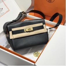 Replica Hermes Kelly Messenger Bag in black Evercolor leather with palladium hardware.