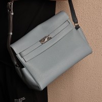 Replica Hermes Kelly Messenger GM Bag Bleu Lin Togo leather crossbody bag with silver Kelly lock hardware