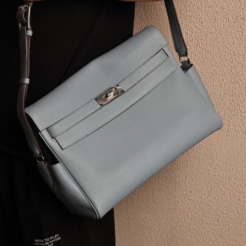 Replica Hermes Kelly Messenger GM Bag Bleu Lin Togo leather crossbody bag with silver Kelly lock hardware