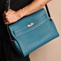Replica Hermes Kelly Messenger GM Bag Blue Colvert Togo leather crossbody bag with silver Kelly lock hardware