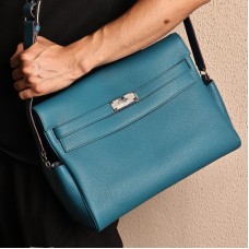 Replica Hermes Kelly Messenger GM Bag Blue Colvert Togo Leather Crossbody Replica Hermes Kelly Messenger GM Bag Blue Colvert Togo leather crossbody bag with silver Kelly lock hardware