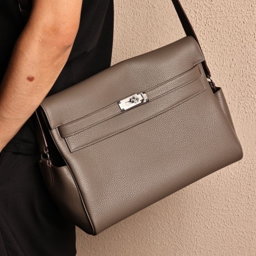 Replica Hermes Kelly Messenger GM Bag Etain Togo leather crossbody bag with silver Kelly lock hardware