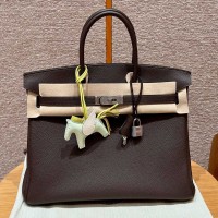 Replica Hermes Birkin 35CM in chocolate brown Clemence leather with Palladium Hardware (PHW).