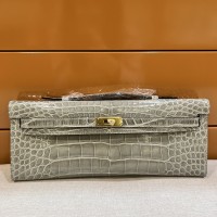 Replica Hermes Kelly Cut Clutch Gris Névé Alligator Crocodile Shiny Skin