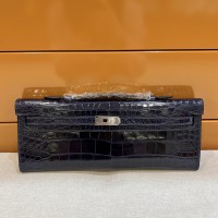 Replica Hermes Kelly Cut Clutch Bleu Marine Alligator Crocodile Shiny Skin