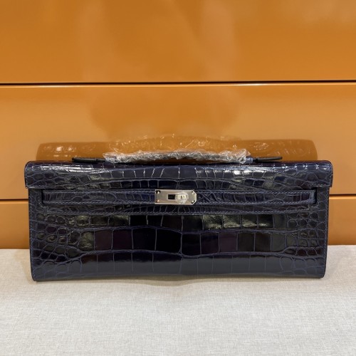Replica Hermes Kelly Cut Clutch Bleu Marine Alligator Crocodile Shiny Skin