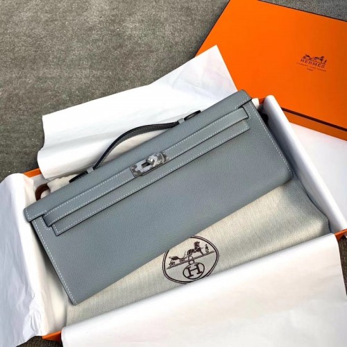 Replica Hermes Kelly Cut Clutch in Bleu Lin Epsom Leather Replica Hermes Kelly Cut Clutch Bleu Lin Epsom Leather Silver hardware
