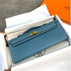 Replica Hermes Kelly Cut Clutch Blue Jean Epsom Leather gold hardware